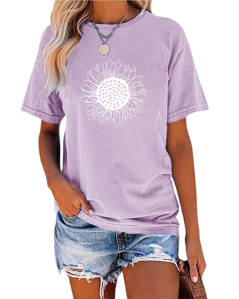 MaQiYa Womens Cute Sunflower Graphic Printed Tee Shirts Vintage Short Sleeve Cotton Shirts Tops (Purple,X-Large)