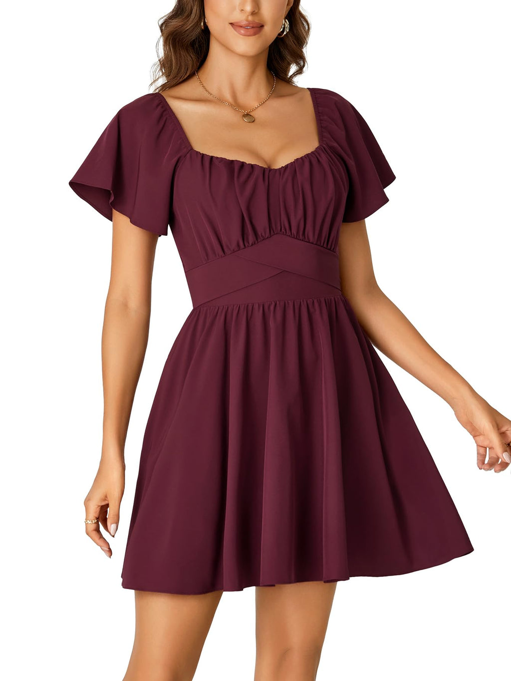 Rooscier Women's Tie Back Square Neck Wrap Ruffle Short Sleeve Flare Mini Dress Wine Red Medium