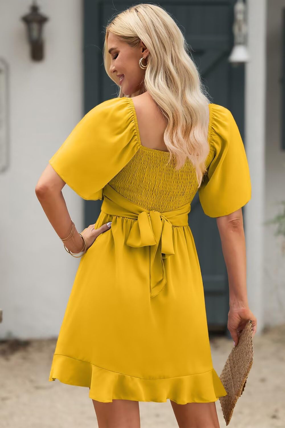 Dokotoo Dress for Women Summer Wrap V Neck Short Sleeve Smocked Elastic Waist Tiered Belted Ruffle Hem Mini Dress Party Dress Cocktail Dress Citrus L