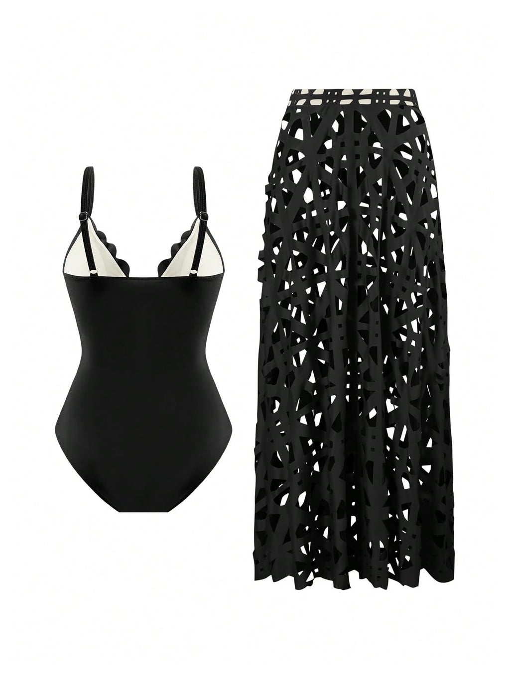 WDIRARA Women's Hollow Out 2 Piece Swimsuit One Piece with Cover Up Skirt Black Large