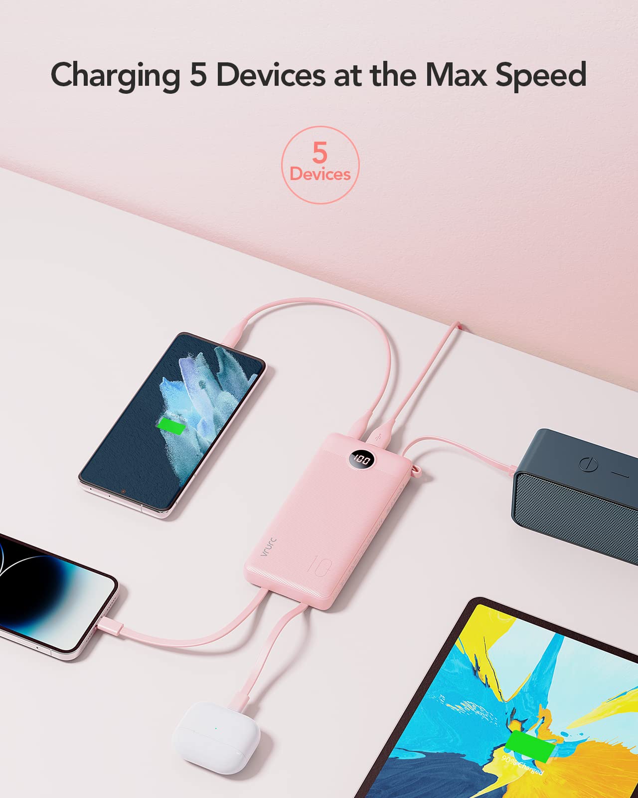 VRURC Portable Charger Power Bank, Built-in 4 Cables & 2 Ports,10000mAh Slim Battery Pack with LED Display, Travel Essential USB C Portable Phone Charger for iPhone 17 16 15, Samsung-Pink(1 Pack)