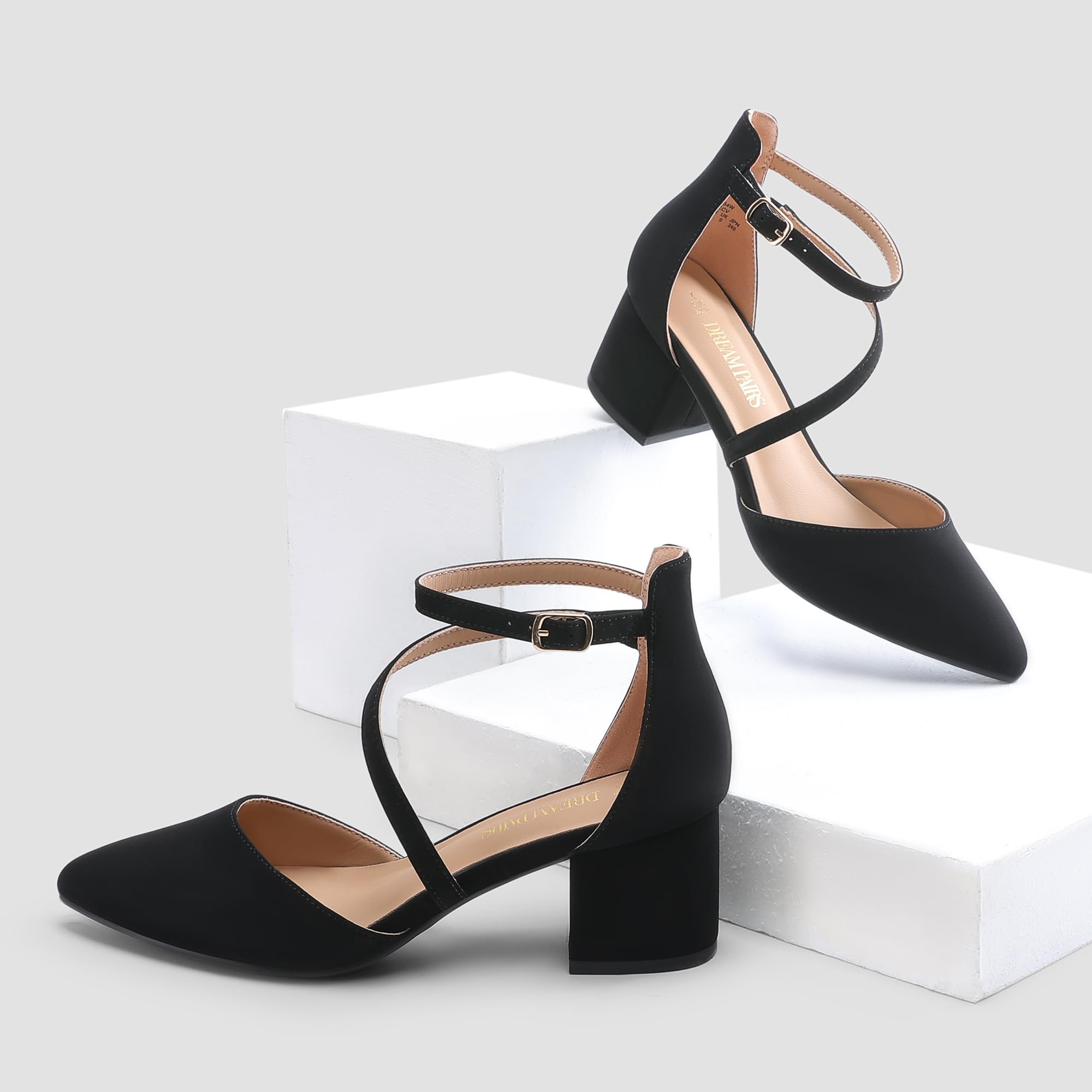 DREAM PAIRS Women's Closed Pointed Toe Low Chunky Heels Pumps Ankle Strap Wedding Business Dressy Shoes,Size 8,Black-Nubuck,SDPU2354W
