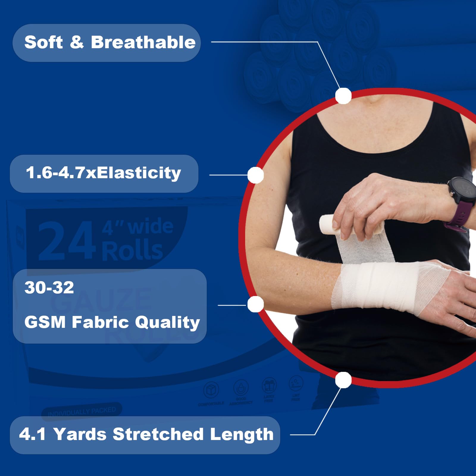 KIWAEZS 24 Pack Gauze Rolls Bandages 4 ” x 4.1 yd Premium Quality Lint and Latex-Free Conforming Stretch Designed for Wound Care for Wound Dressing Support(Ideal for Home and car First aid Kits)