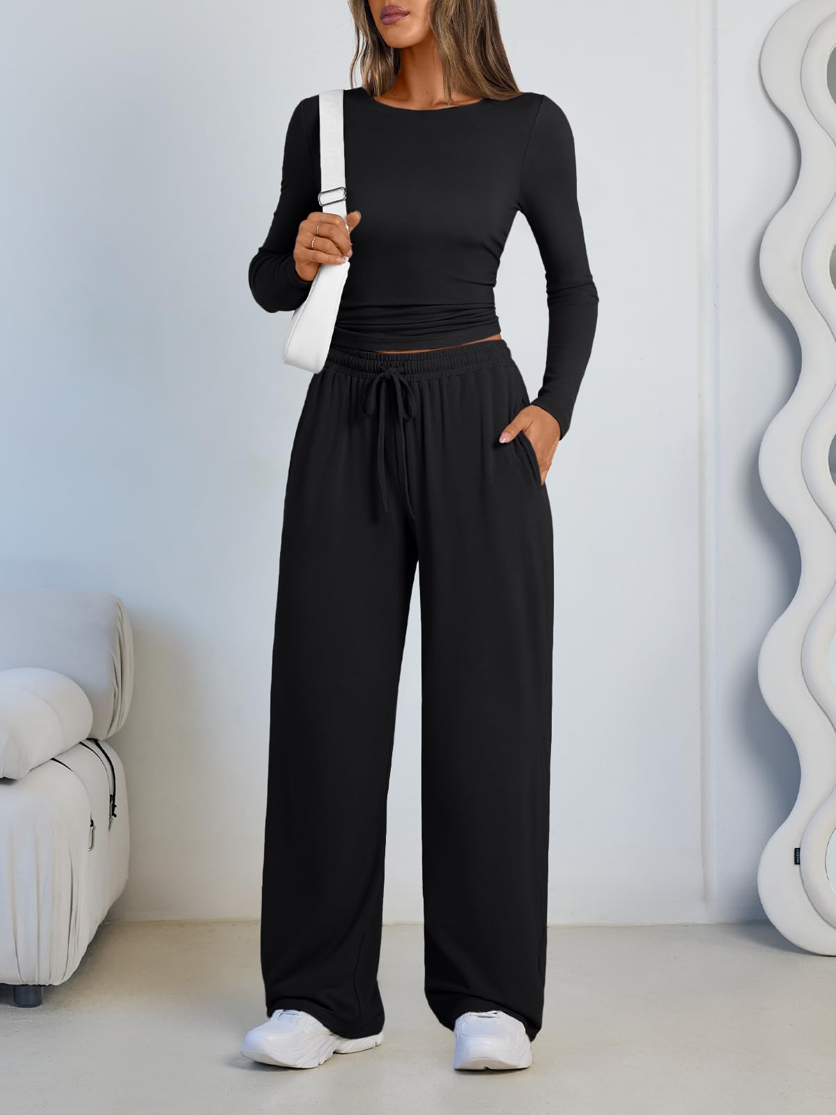 LILLUSORY Lounge Sets for Women Two 2 Piece matching Loungewear Sets Women Winter Clothing 2026 Fall Fashion Travel Airport Outfits Sweatsuits Casual Cute Clothes Black M