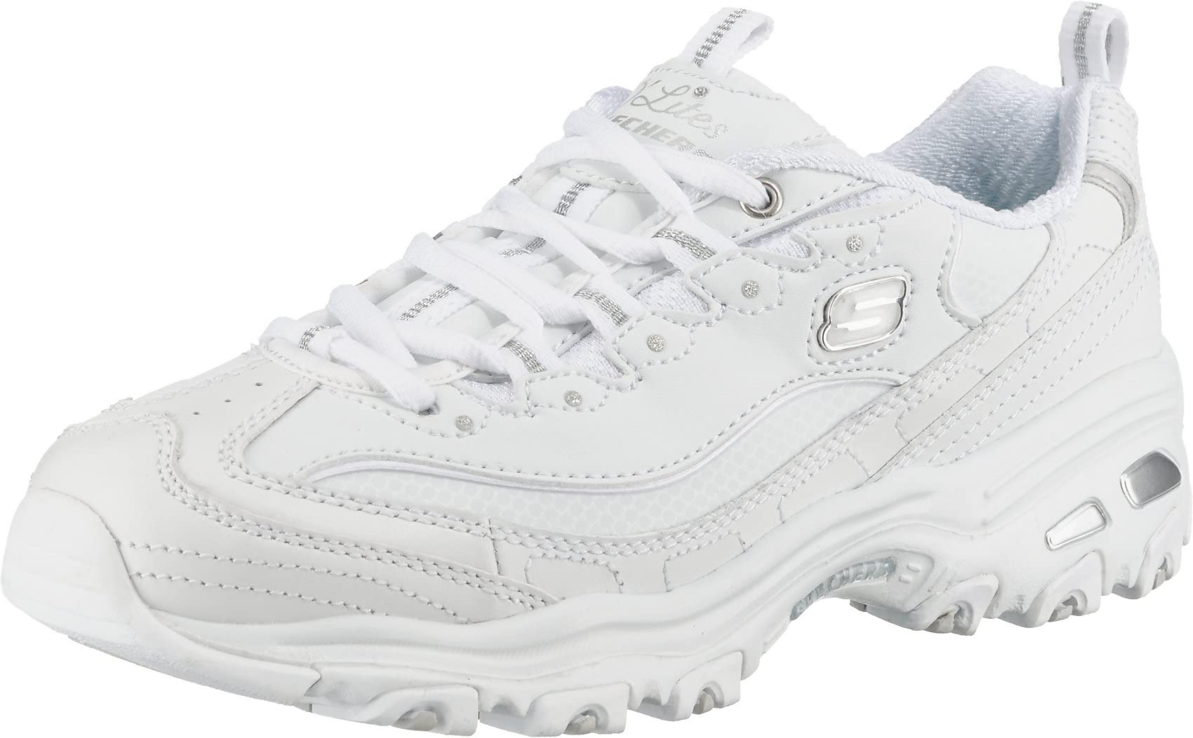 Skechers Women's D'lites Fresh Start Memory Foam Lace-up Sneaker, White/Silver, 9 Wide