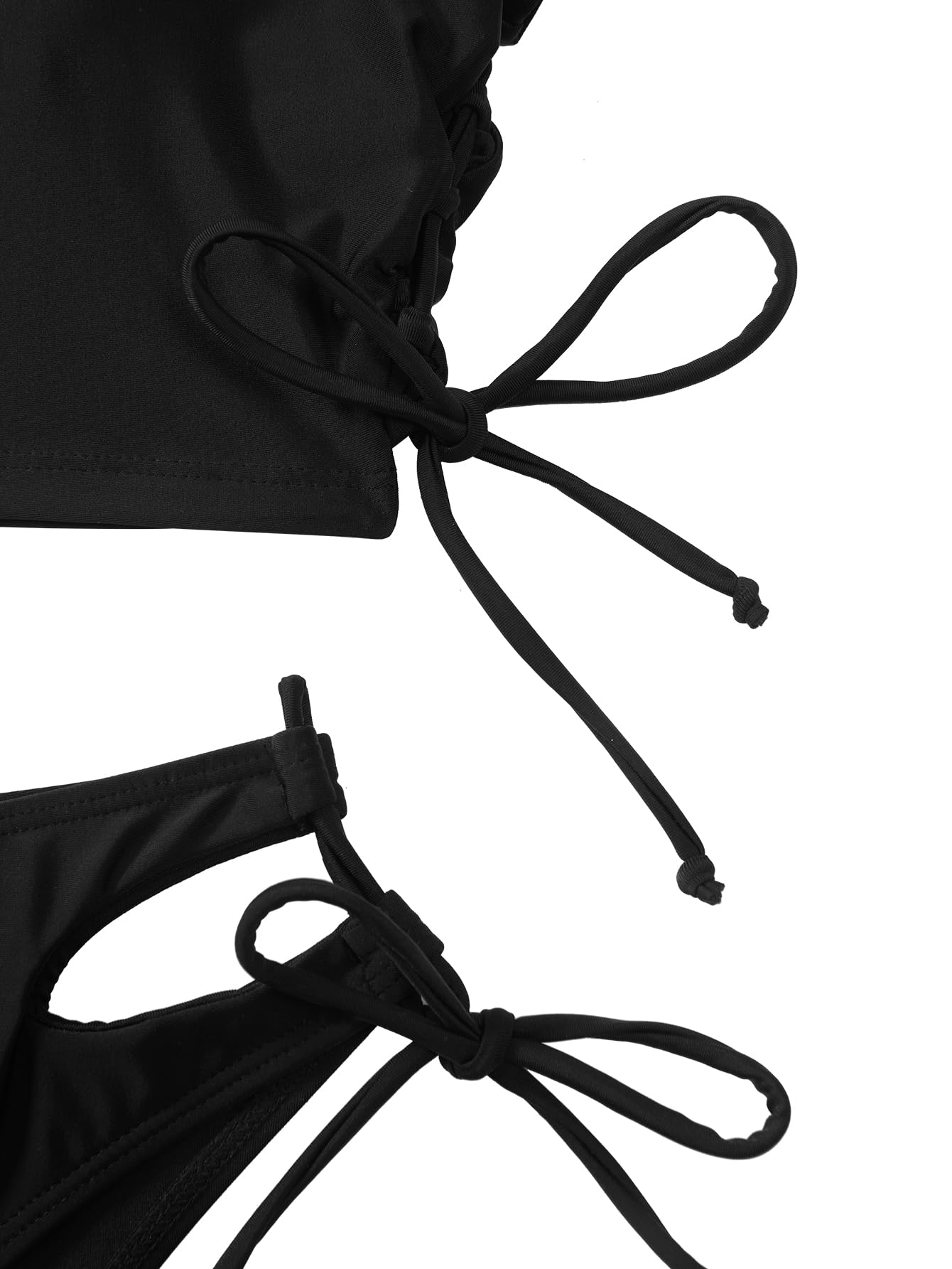 Lilosy Petite Drawstring Bikini Set Srting Swimsuit Short Sleeve Top and Tie Side Bottom 2 Piece Women Bathing Suit Black X-Small