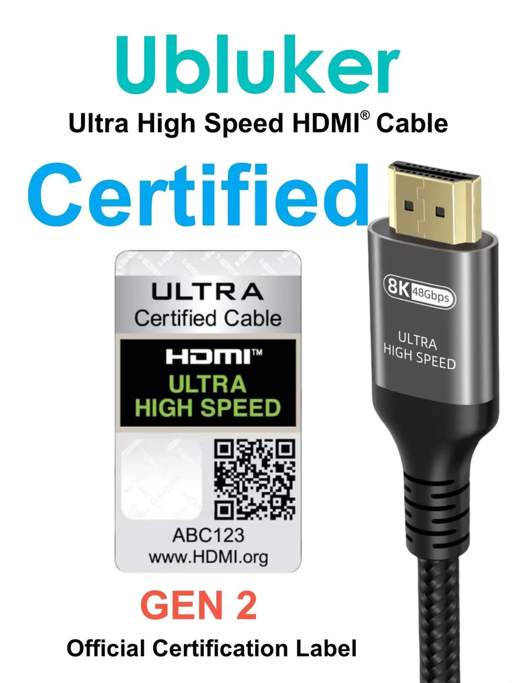 Ubluker 10K 8K 4K HDMI Cable 48Gbps 5 FT, Certified Ultra High Speed HDMI® Cable 4K 240Hz 144Hz 120Hz 8K60Hz 0.01ms HDR10+ eARC HDCP2.3 Netflix Roku TV PC Monitor Projector PS5 Xbox