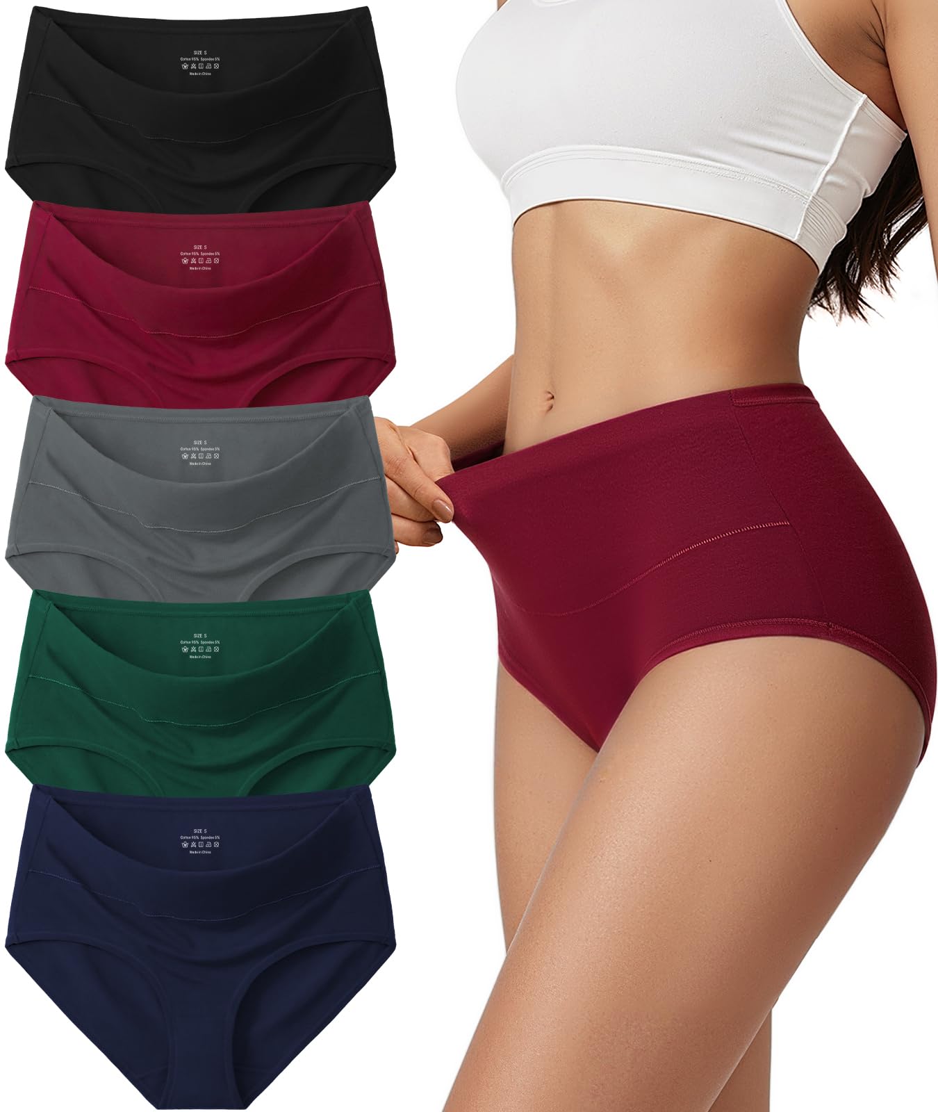 Vevmon Cotton Underwear for Women High Waisted Full Coverage Briefs Soft Ladies Panties 5 Pack(US, Alpha, X-Large, Regular, Regular, A-5 Pack 5 Colors)