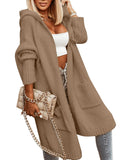 Aoysky Womens Long Cardigans Cable Knitted Open Front Oversized Hooded Outerwear Sweater Coat Khaki