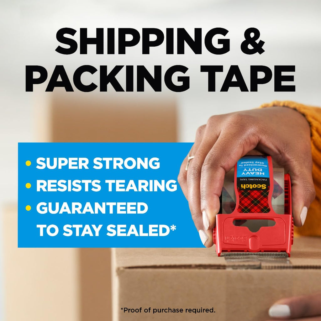 Scotch Heavy Duty Shipping Packing Tape, Clear, Packing Tape for Moving Boxes and Packaging Supplies, 1.88 in. x 22.2 yd., 6 Roll Dispensers, Moving Supplies