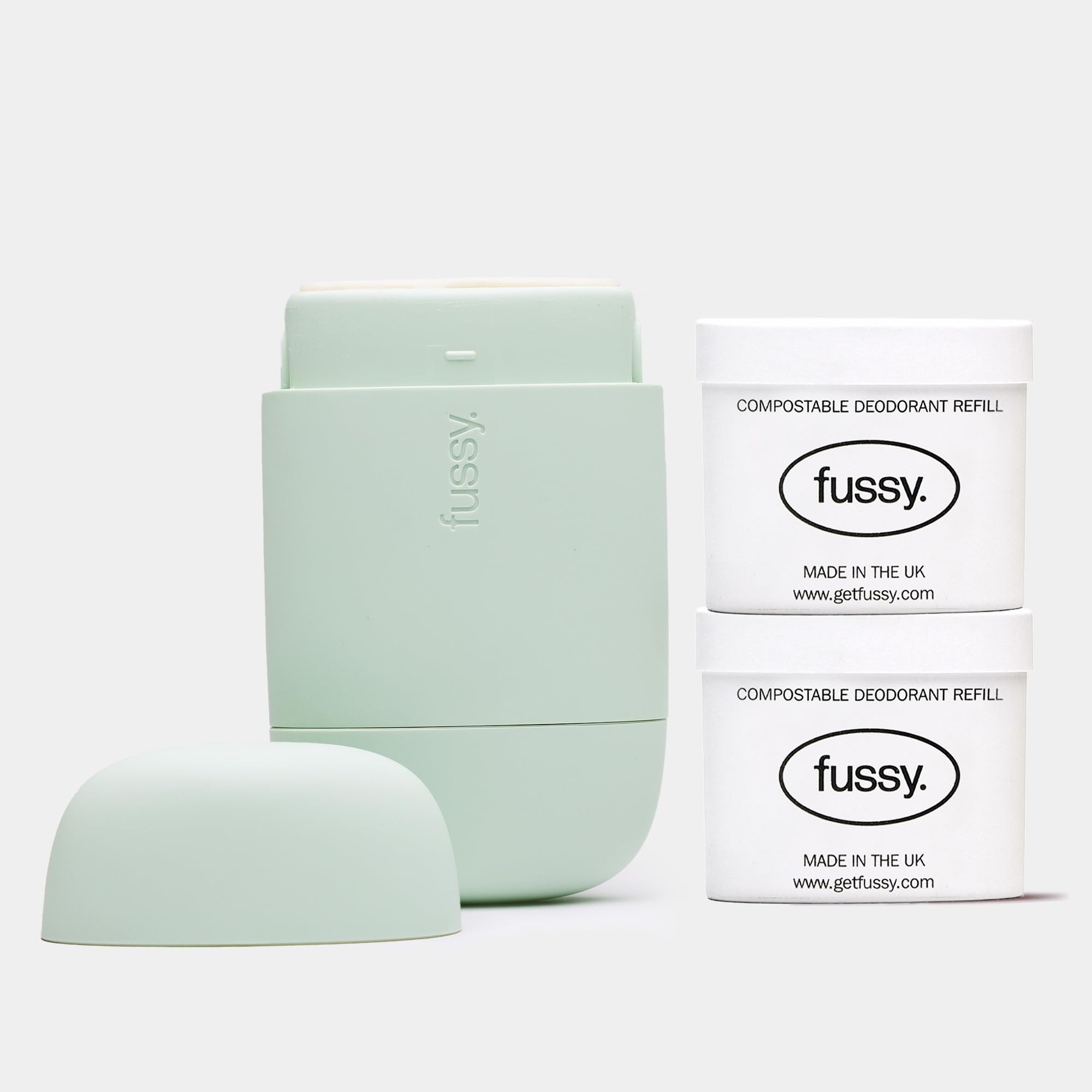 Fussy - Natural Refillable Deodorant - Mint Green Case & Variety Refill Pack (2 x 40g), Tropic Tonic & Wavy Days - Aluminium Free - 24 Hour Protection - Vegan & Cruelty Free - Natural & Effective