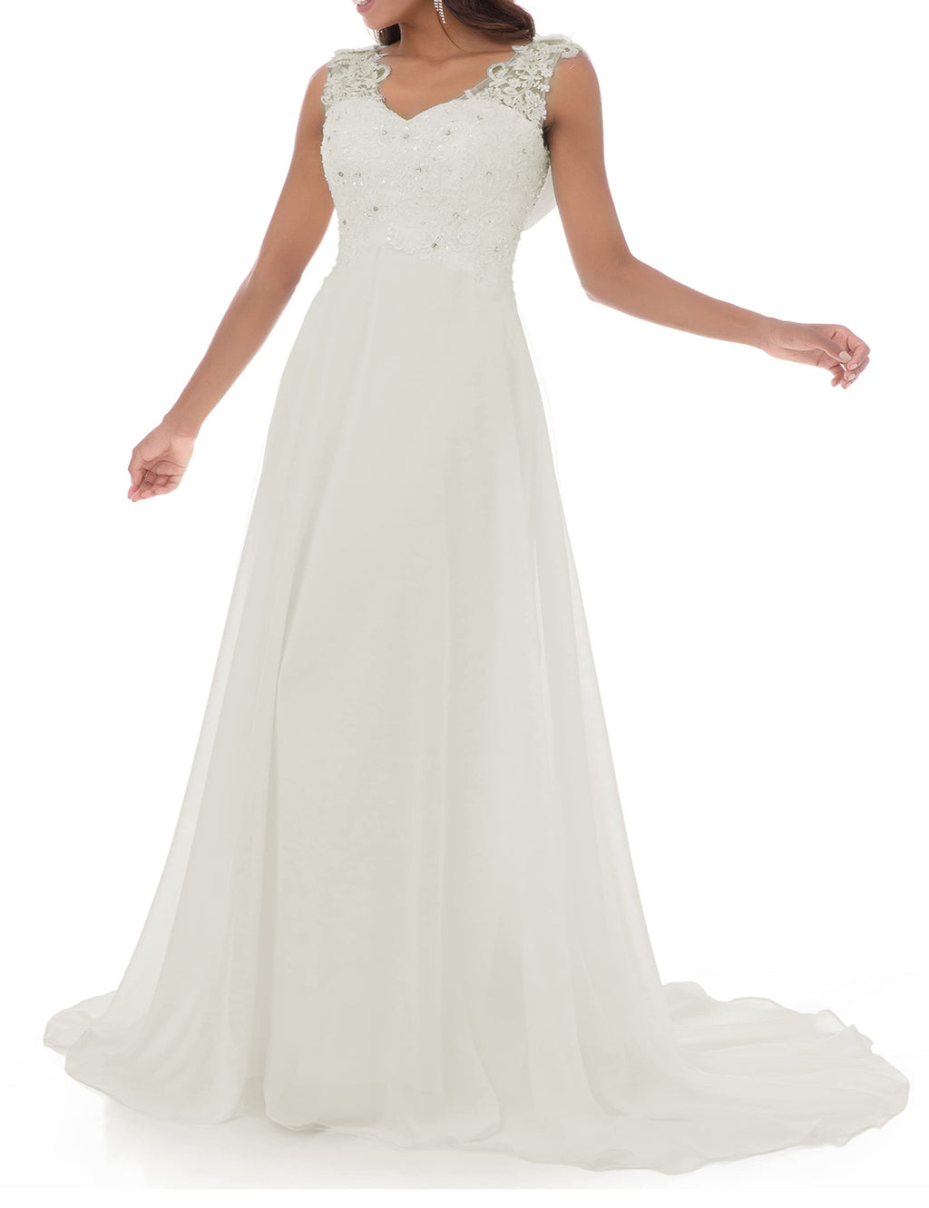 Abaowedding Women's Wedding Dress Lace Double V-Neck Sleeveless Evening Dress Off-White US 8