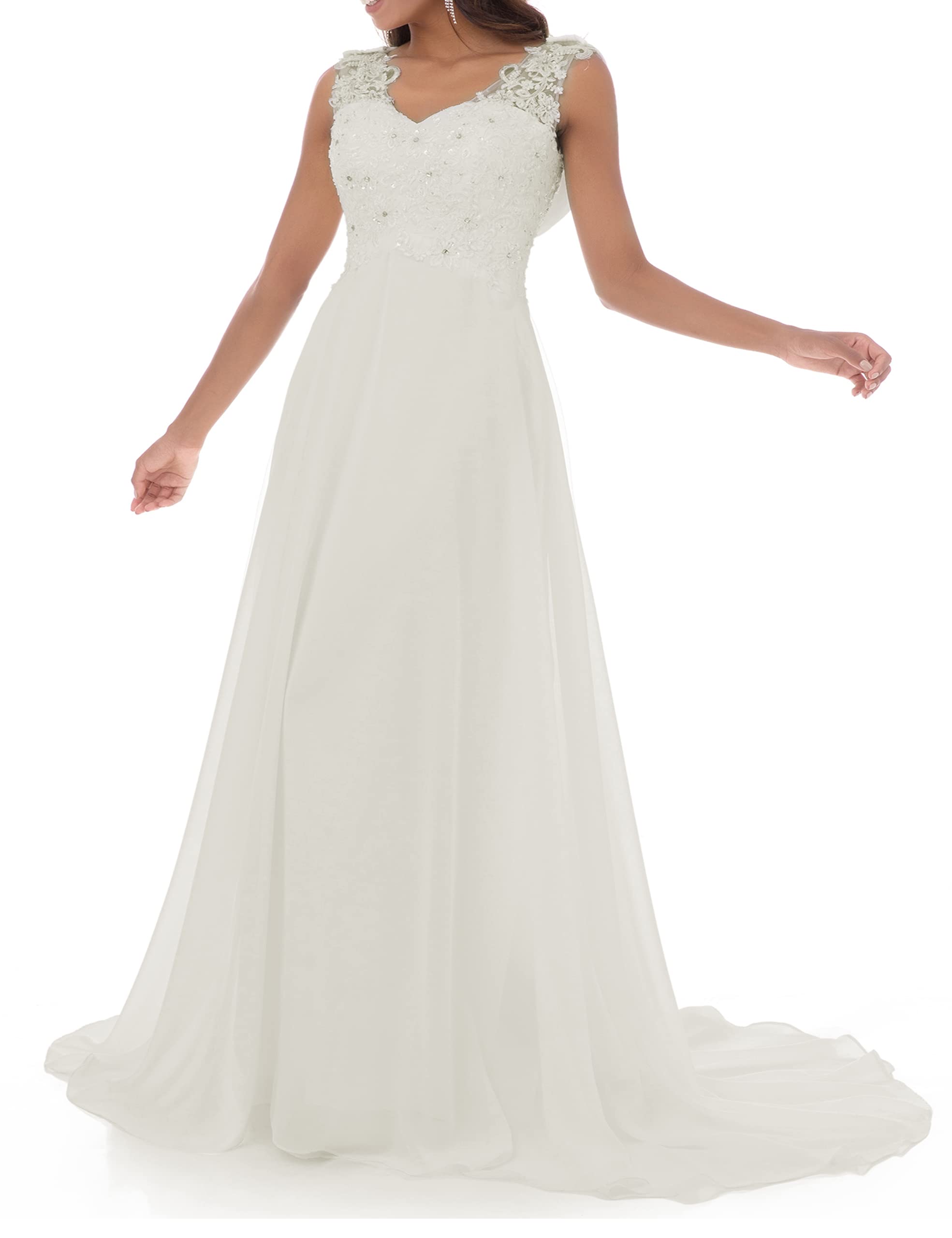 Abaowedding Women's Wedding Dress Lace Double V-Neck Sleeveless Evening Dress Off-White US 8