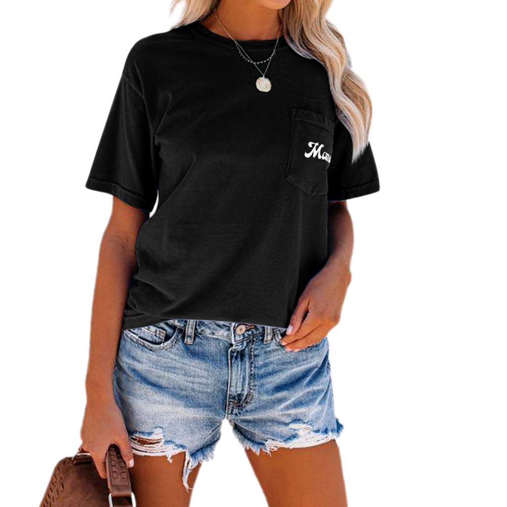NIUBIA Women's Letter Print Basic Crew Neck Tee Summer Short Sleeve T-Shirt with Pockets Loose Fitting Tops