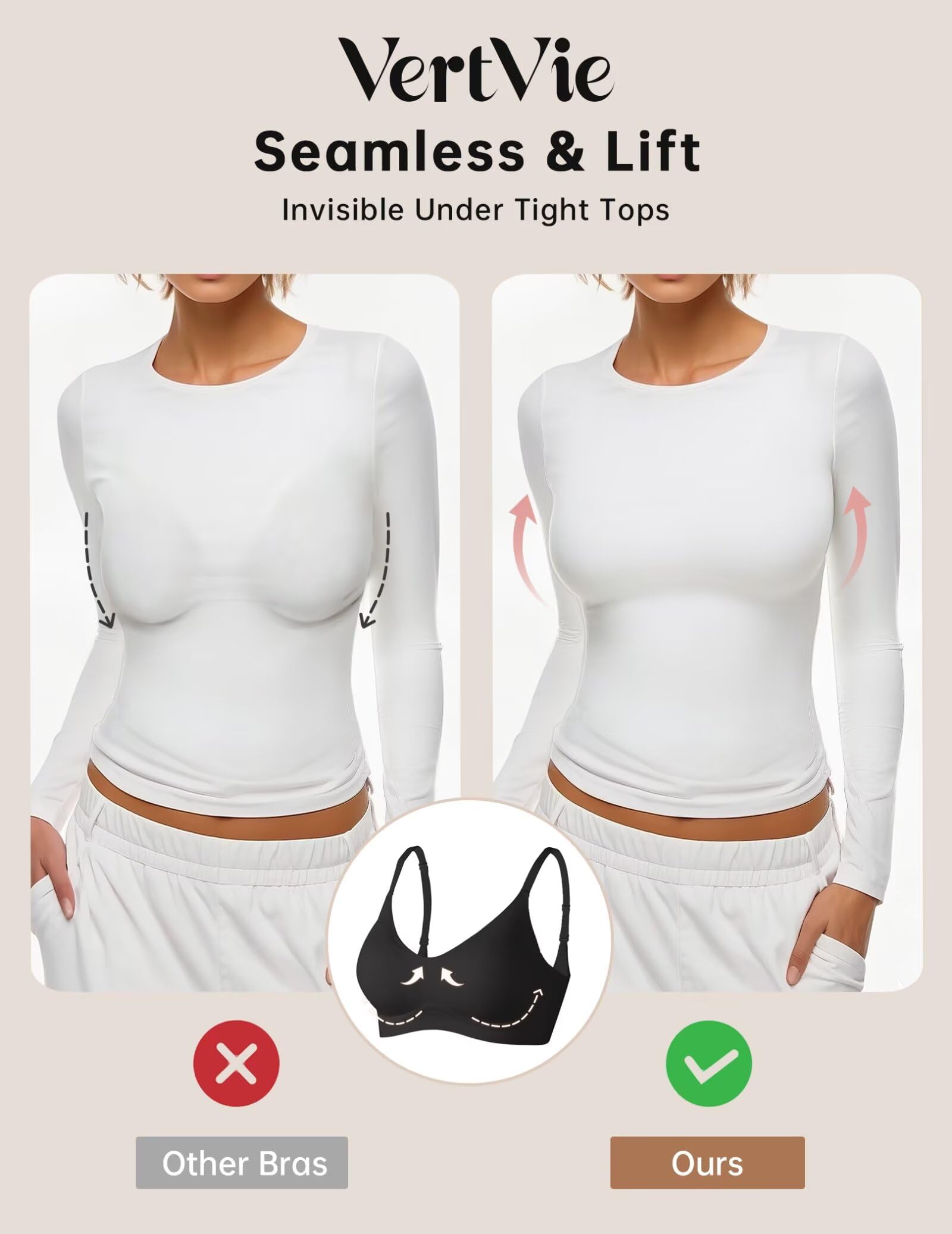 Vertvie Womens Seamless Bra No Underwire Comfort Push Up Bras Buttery Soft Wireless Bralette Full Coverage Sport Everyday Bra(Black,Medium)