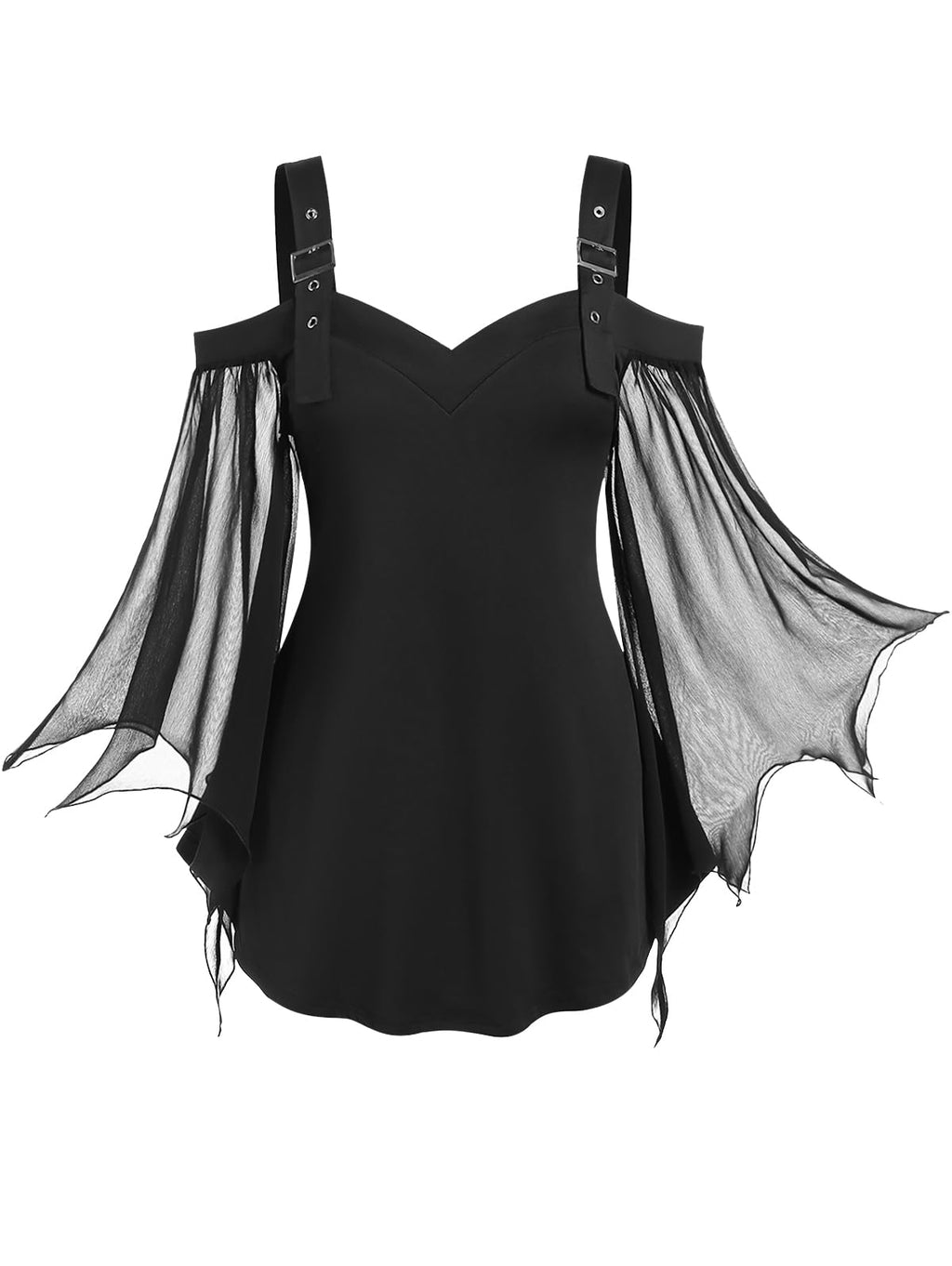 ROSE GAL Rosegal Women Plus Size Gothic Top Buckle Straps Cold Shoulder Mesh Bell Sleeve Top Witch Halloween Costume Flare Sleeves Top Open Shoulder Gothic Tee(Black_1/4X)