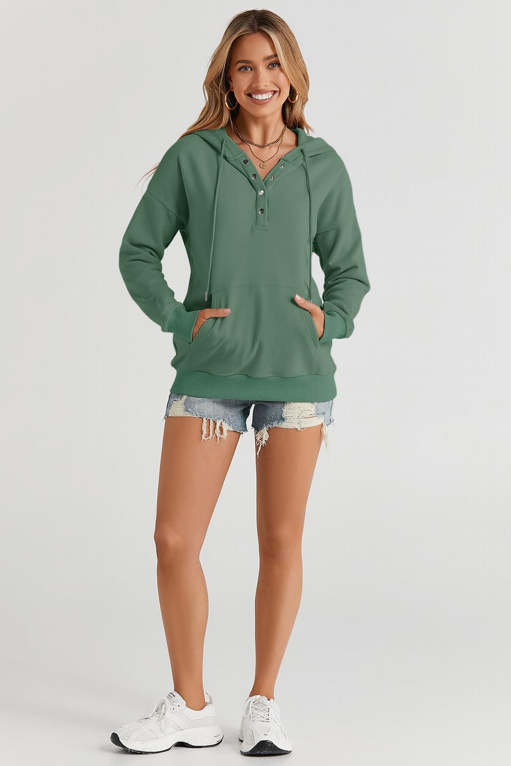 Dokotoo Hoodies for Women Drawstring V Neck Long Sleeve Front Button Collar Hooded Pullover Hoodie with Pockets Christmas Sweatshirt Loose Fit Casual Ladies Shirt Tops Winter Clothing Green Medium