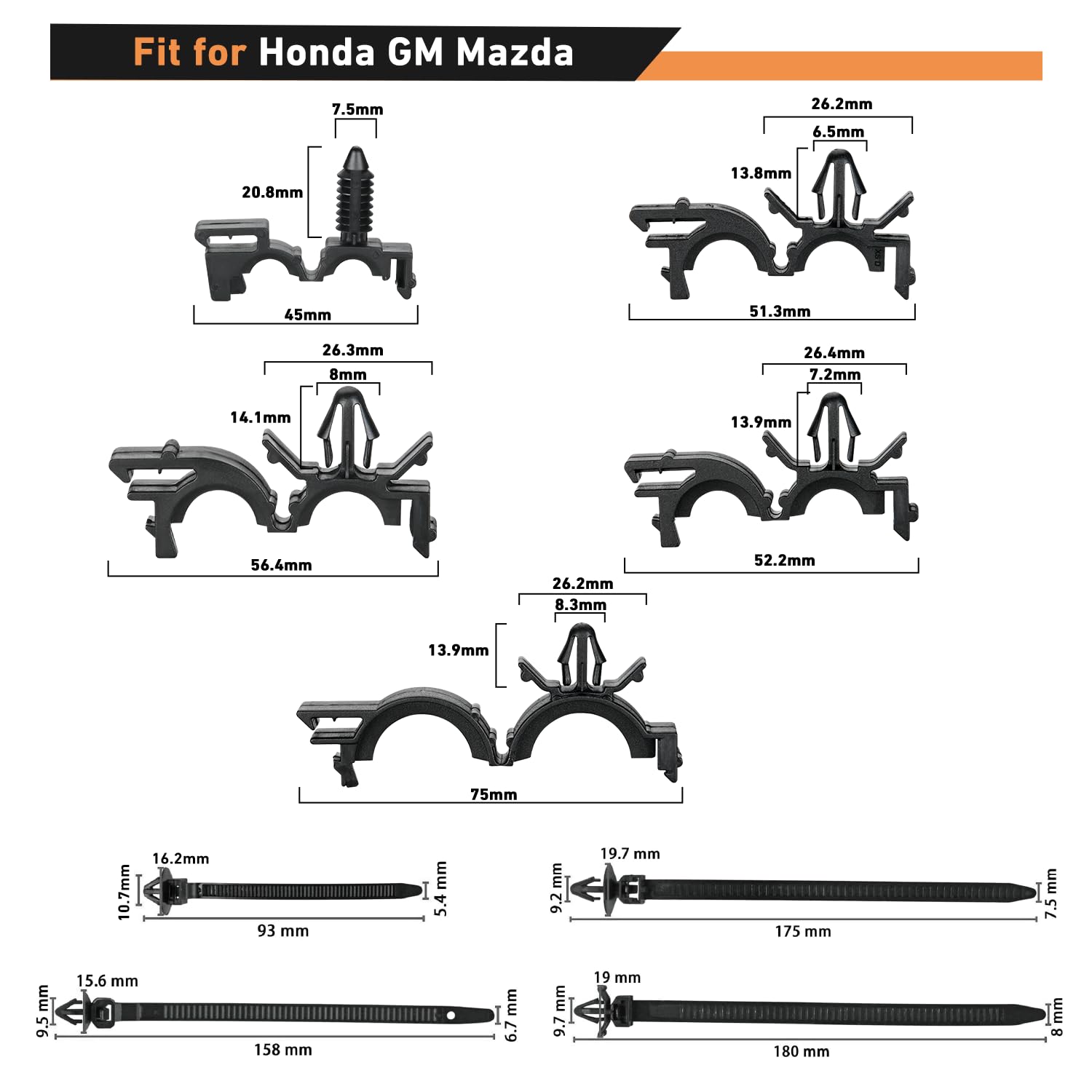 GOOACC 130Pcs Car Wire Loom Routing Clips Assortment - 9 Different Sizes Universal Wiring Harness Routing Clip Replacement Parts for Honda GM Mazda
