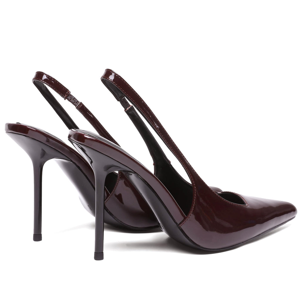 Women's Slingback Stiletto High Heels Pointed Toe Slip On Pumps Shoes Patent Leather Stretch Strap Backless Dress Heels Cherry Red