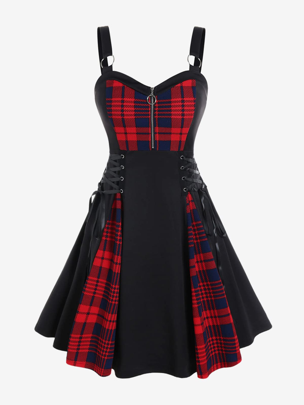 ROSE GAL Gothic Lace Up Plaid Half Zipper Fit and Flare Gothic Dress（Black-219/2X）