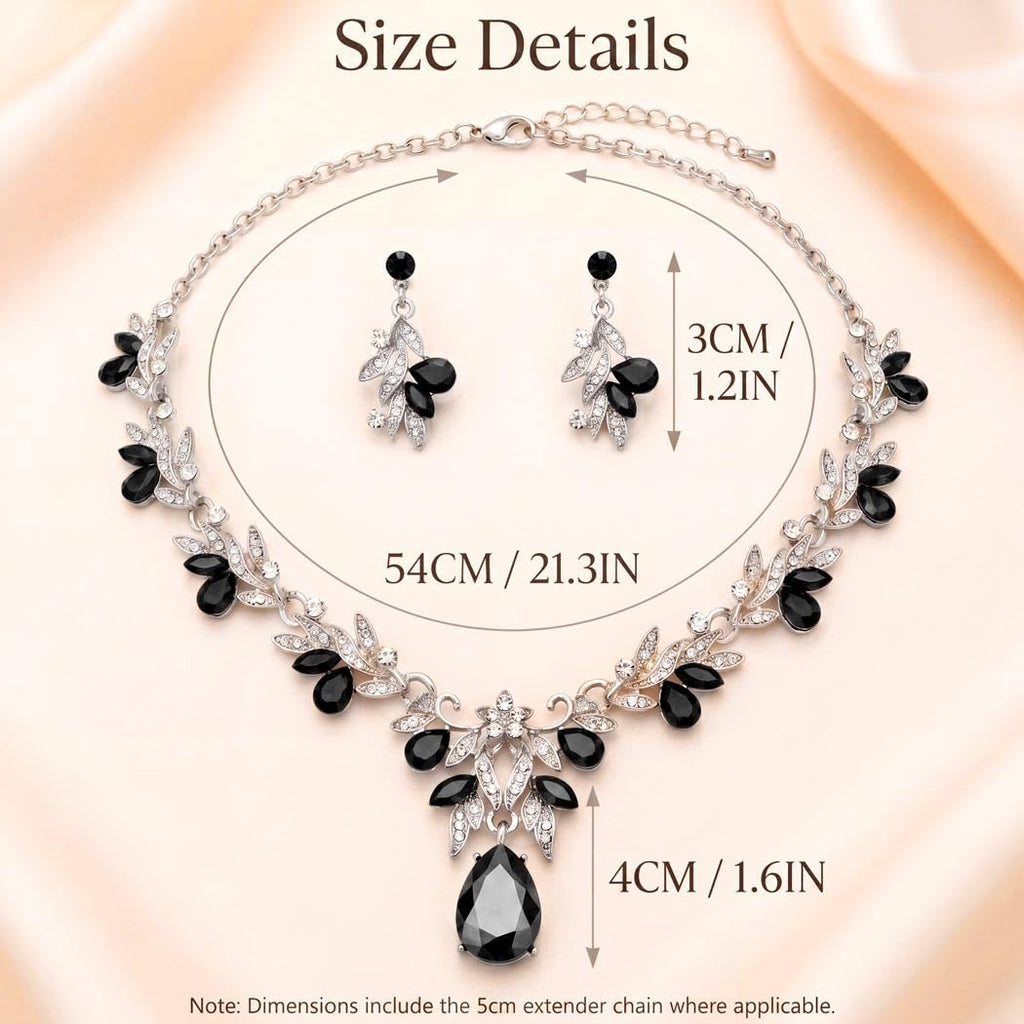 Brishow Jewelry Sets for Women Black Rhinestone Necklace Earrings Set Silver Leaf Costume Jewelry for Prom Formal Events