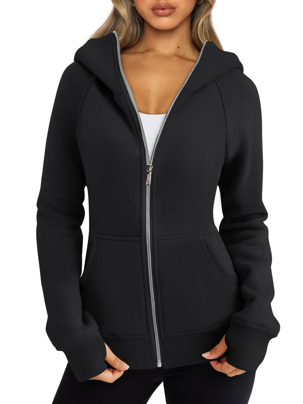 Trendy Queen Women's Full Zip Up Hoodie - Fitted Long Sleeve Sweatshirts for Fall and Winter Black M