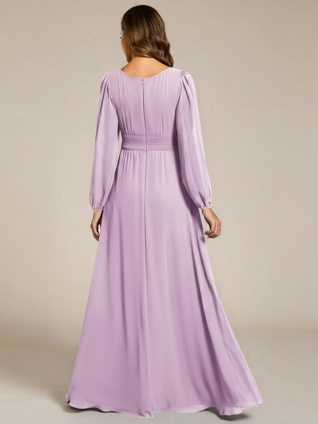 Ever-Pretty Women's Crewneck Long Lantern Sleeves Floor Length A-Line Pleated Chiffon Formal Dress Frosted Lilac US08