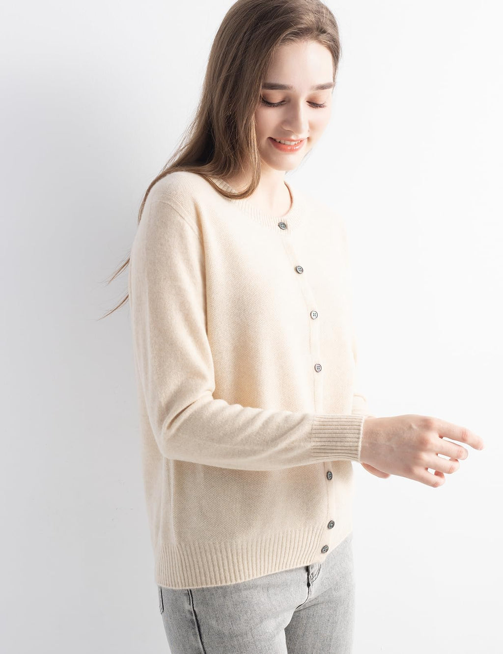 Chanyarn Women's 100% Pure Cashmere Cardigan Crew Neck Long Sleeve 2025 Fall Winter Warm Soft Knit Cardigan Sweater (Beige11002,M)