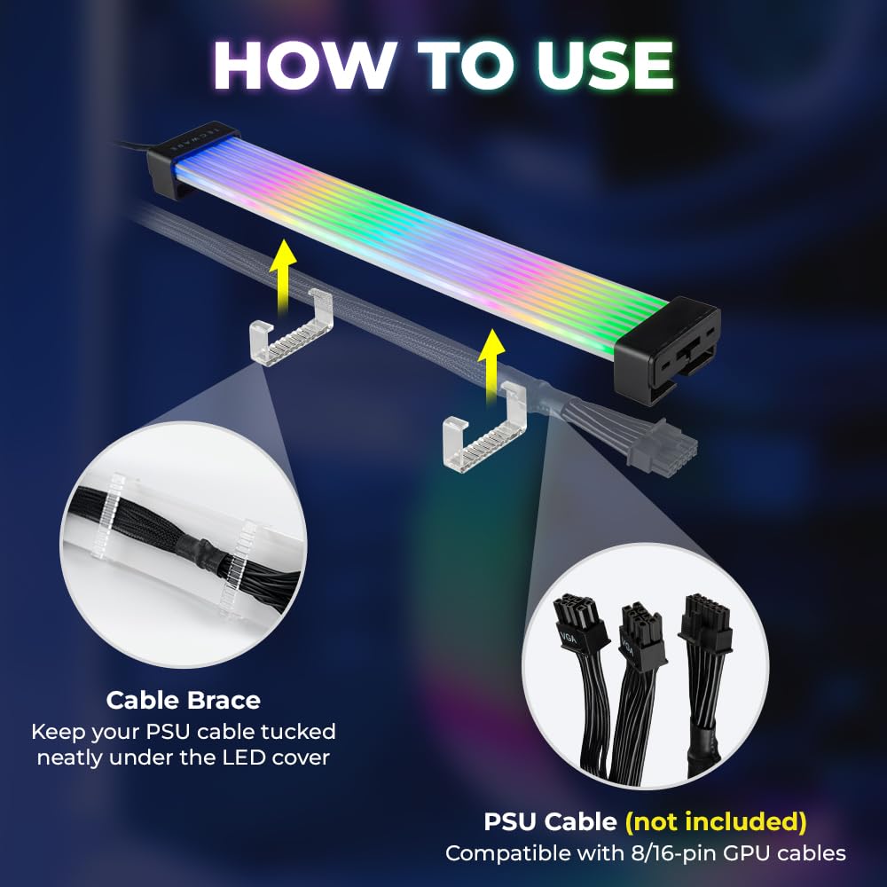 TECWARE Flex RGB Cable Cover Kit | Compatible with 24-Pin Motherboard and 8-Pin/16-Pin GPU | ARGB PSU Cable Extension with 5V 3-Pin Sync | RGB Lighting Kit for PC Cables | Black