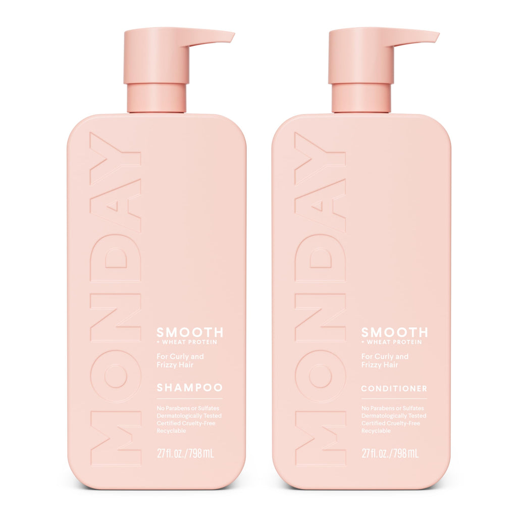 MONDAY HAIRCARE Smooth Shampoo + Conditioner Bathroom Set (2 Count) 27 oz Each For Frizzy, Coarse & Curly Hair Made with Coconut Oil, Shea Butter & Vitamin E 100% Recyclable Bottle Pink