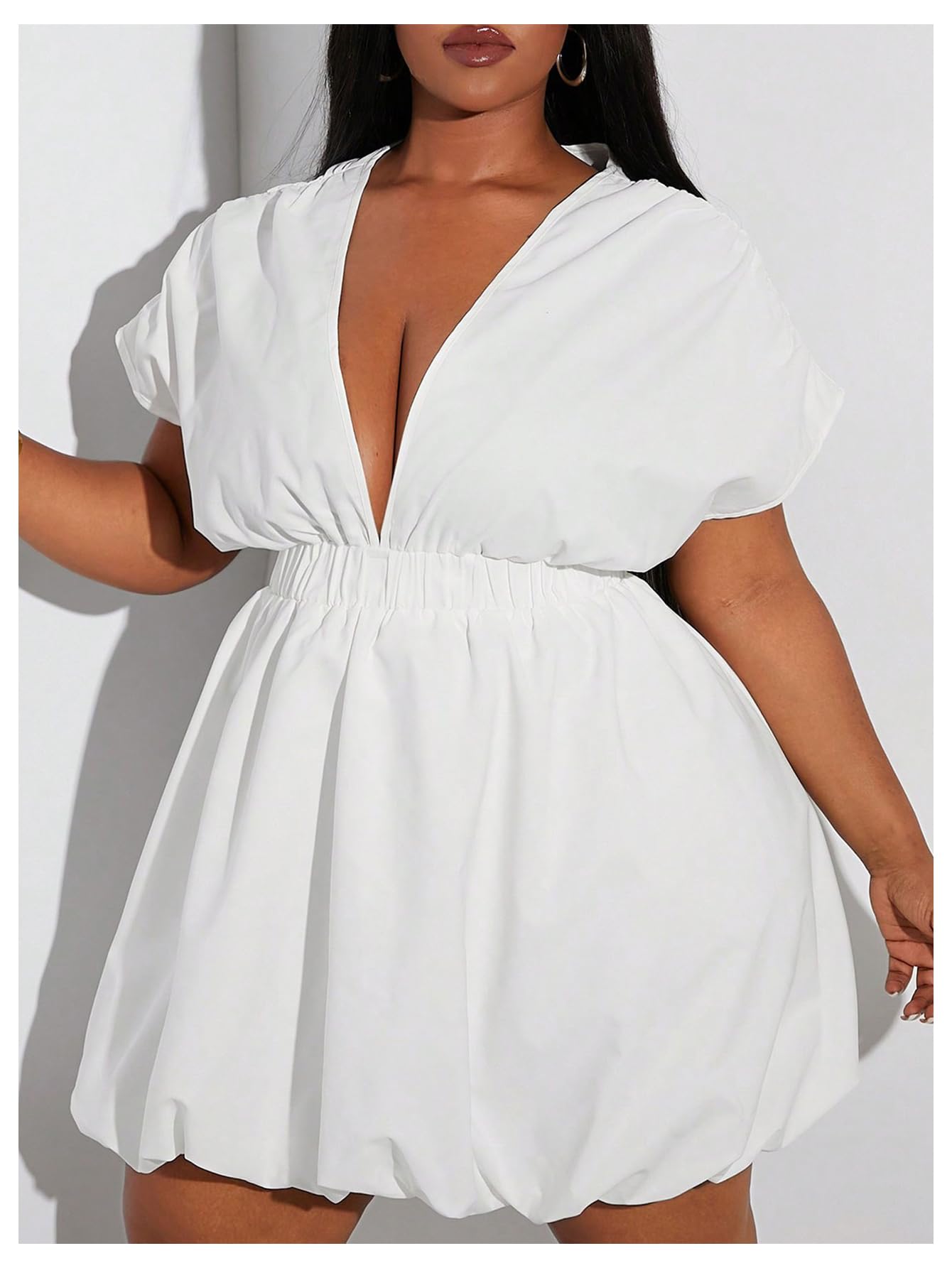 WDIRARA Women's Plus Size Deep V Neck Bubble Dress Short Sleeve A Line Mini Dresses White XX-Large Plus