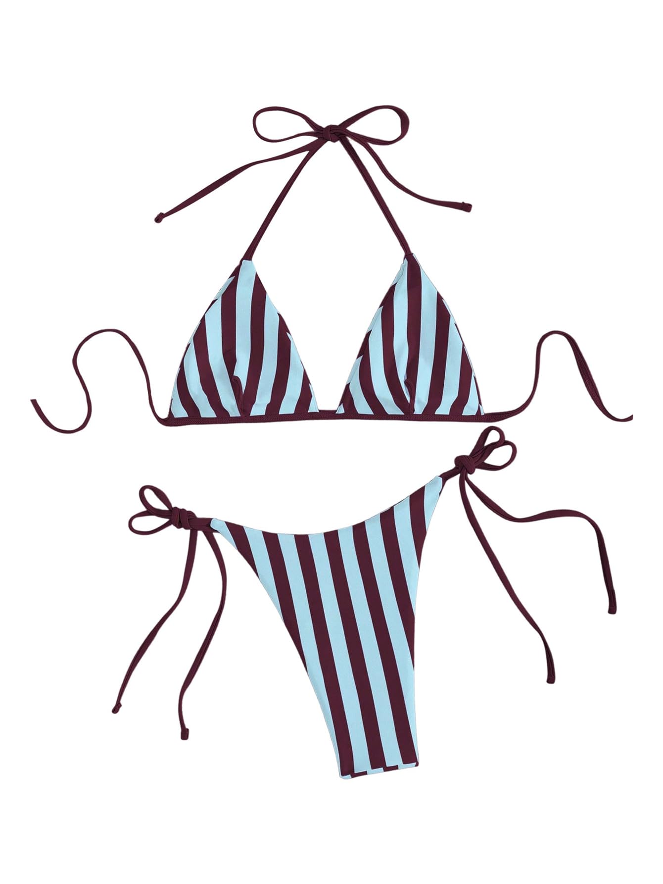 WDIRARA Women's Striped Halter Swimsuit Triangle String Bikini Sets Tie Side 2 Piece Bathing Suit Blue Small