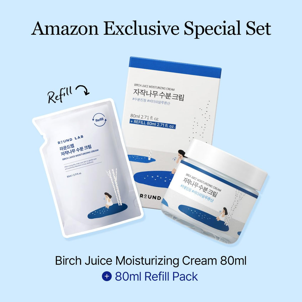 ROUND LAB Birch Juice Moisturizing Cream 2.7 Fl Oz 1+1 Refill Included Set, 48-Hour Hydrating Face Moisturizer with Vita Hyaluronic Acid, Gentle on Acne-Prone and Sensitive Skin, Korean Skin Care