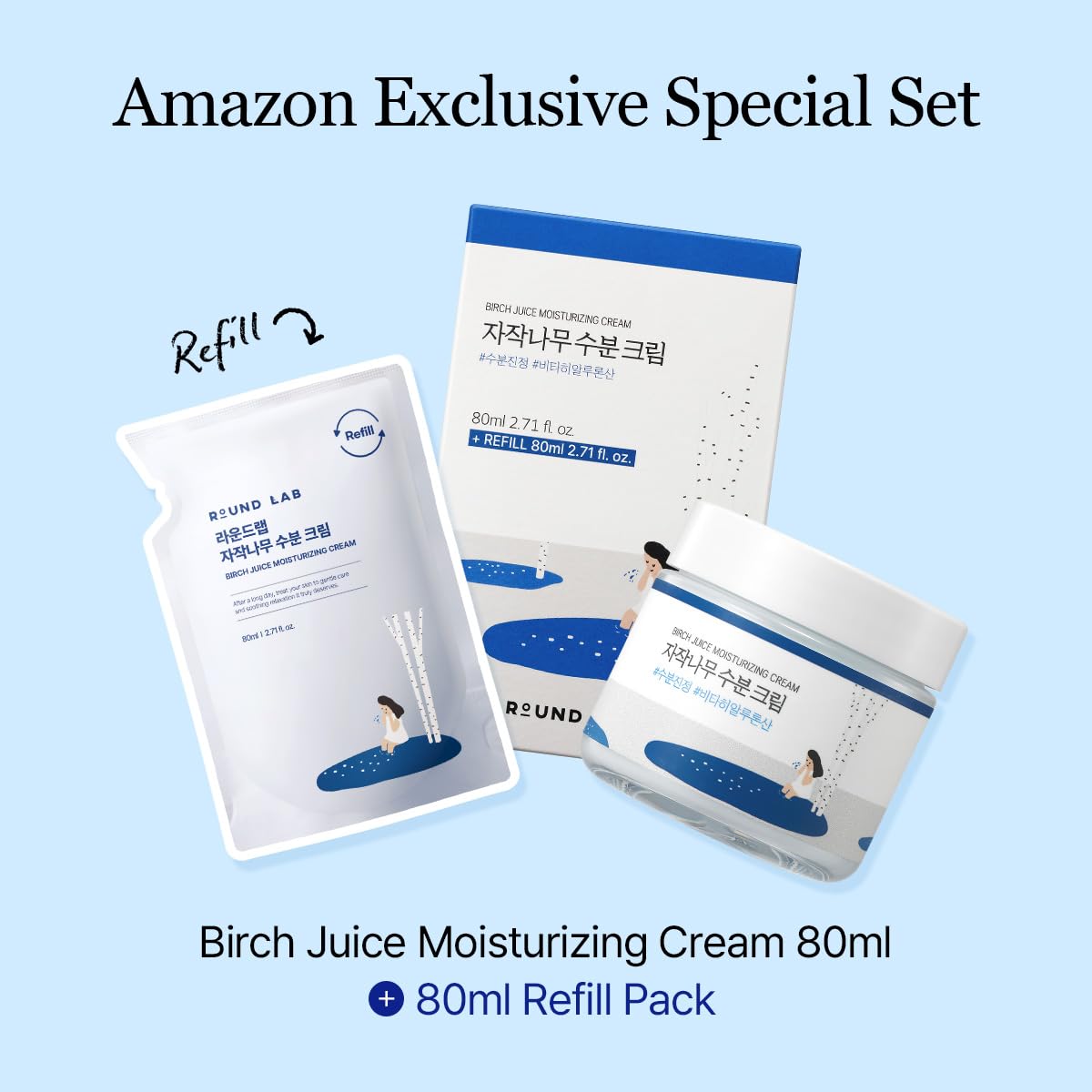 ROUND LAB Birch Juice Moisturizing Cream 2.7 Fl Oz 1+1 Refill Included Set, 48-Hour Hydrating Face Moisturizer with Vita Hyaluronic Acid, Gentle on Acne-Prone and Sensitive Skin, Korean Skin Care