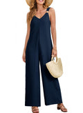 Acelitt Women Casual 2026 One Piece Jumpsuits Dressy Fashion Summer V Neck Sleeveless Loose Wide Leg Long Pant Rompers Outfits Blue XL