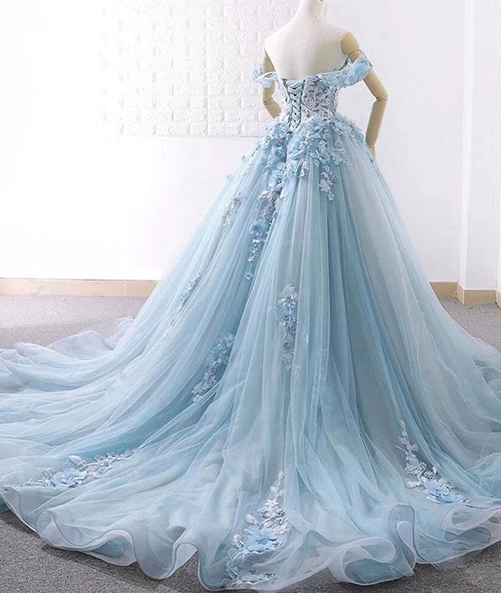 Ball Gown Tulle Off-The-Shoulder Sleeveless Applique Sweep/Brush Train Quinceanera Dresses Sky Blue