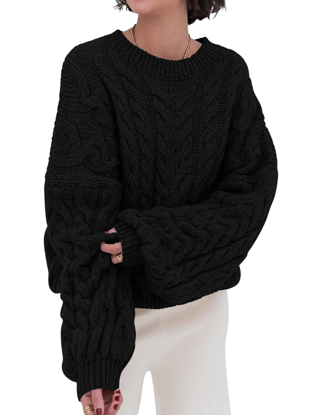 PRETTYGARDEN Womens Sweaters Spring 2026 Cable Knit Long Sleeve Crewneck Oversized Sweater Chunky Pullover Loose Outfits (Black, Medium)