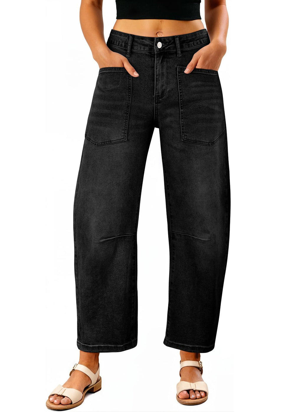 EVALESS Barrel Jeans Women Trendy 2025 Stretchy High Waisted Wide Leg Boyfriend Baggy Jean Black Size 6