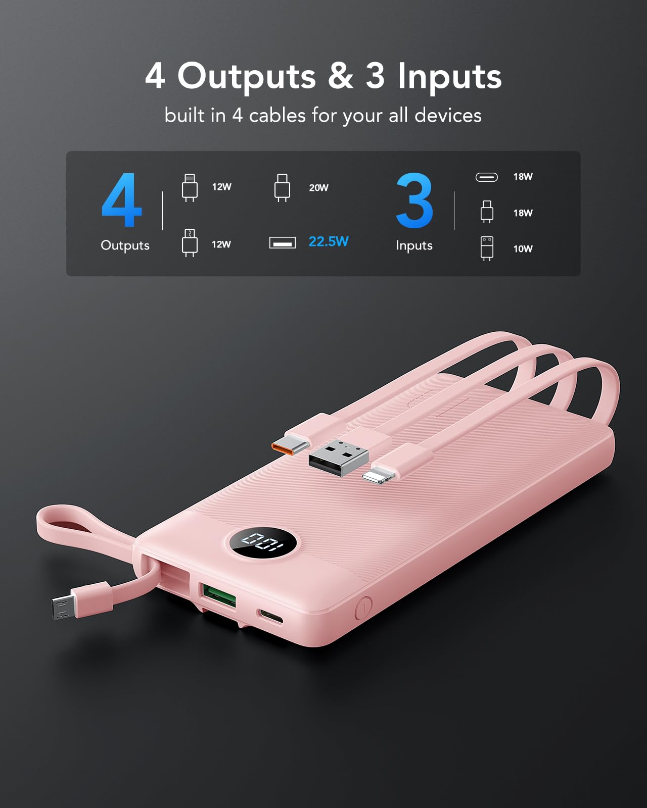 VRURC Portable Charger, 22.5W Fast Charging Power Bank Built‑in 4 Cables, 10000mAh Slim Lightweight Travel Battery Pack for iPhone, Samsung & Multi Devices, Pocket‑Friendly with Lanyard-Pink(1 Pack)