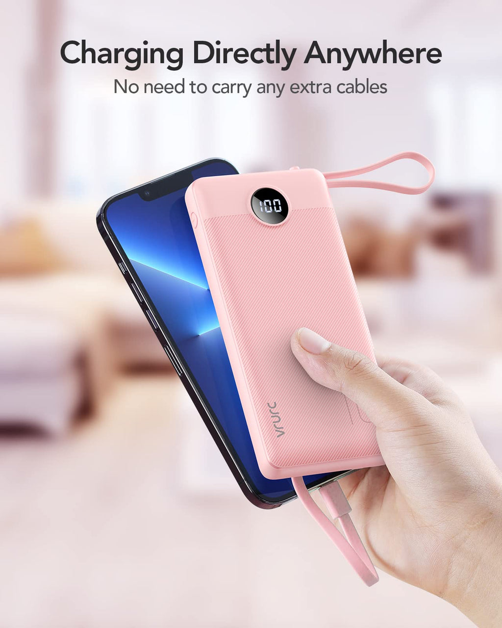VRURC Portable Charger Power Bank, Built-in 4 Cables & 2 Ports,10000mAh Slim Battery Pack with LED Display, Travel Essential USB C Portable Phone Charger for iPhone 17 16 15, Samsung-Pink(1 Pack)