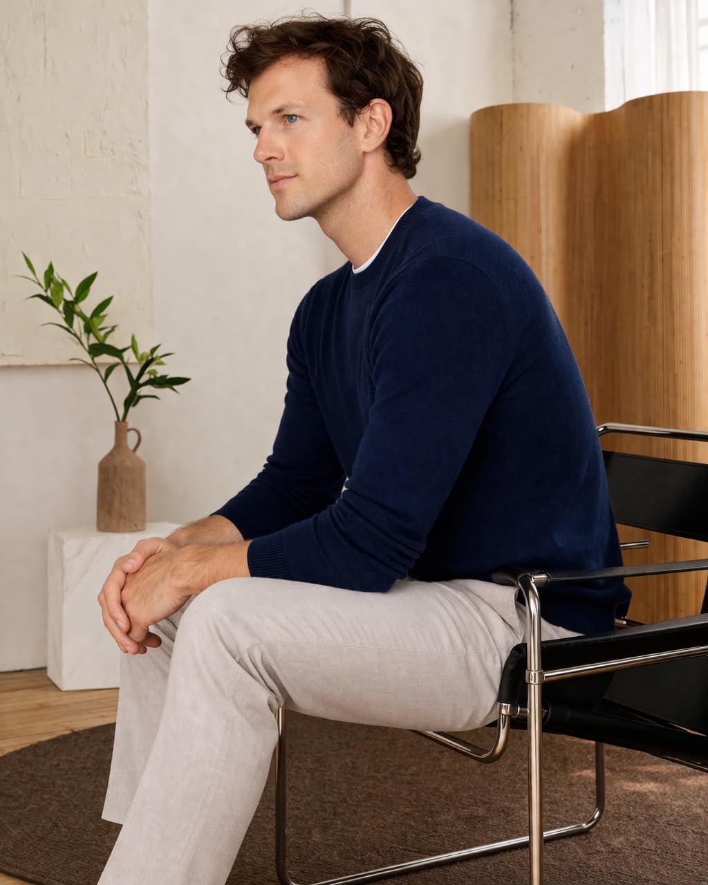 State Cashmere Men's Essential Crewneck Sweater 100% Pure Cashmere Classic Long Sleeve Pullover (Navy, Large)