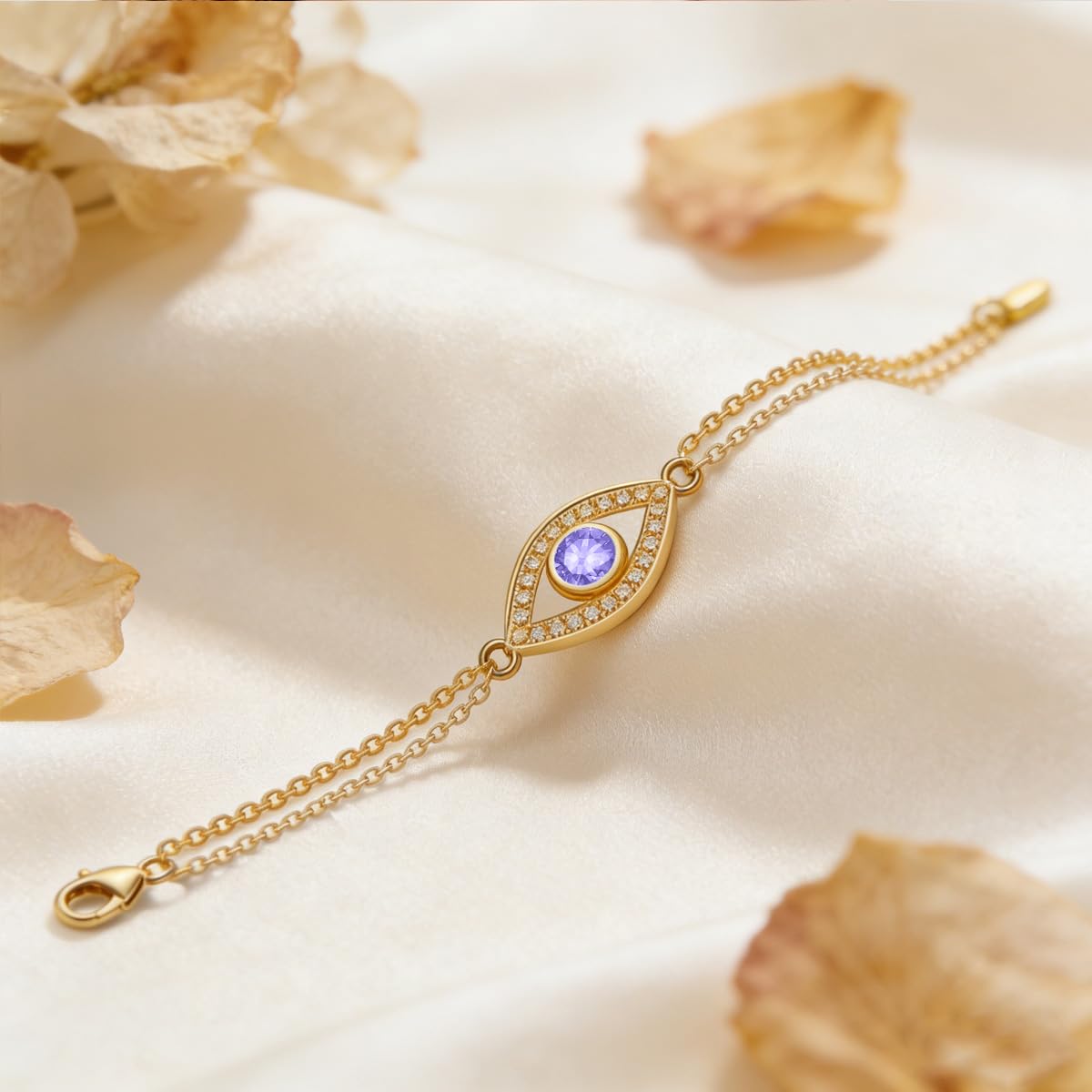 Midari June Light Violet Gemstone Birthstone Double Chain Bracelet for Women 18K Gold Plating Evil Eye Jewelry Birthday Gifts for Wife Her Daughter Mom