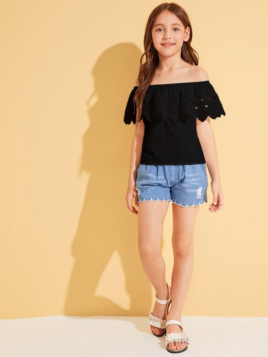 WDIRARA Girl's Off The Shoulder Ruffle Trim Lace Short Sleeve Blouse Top Black 11 Years