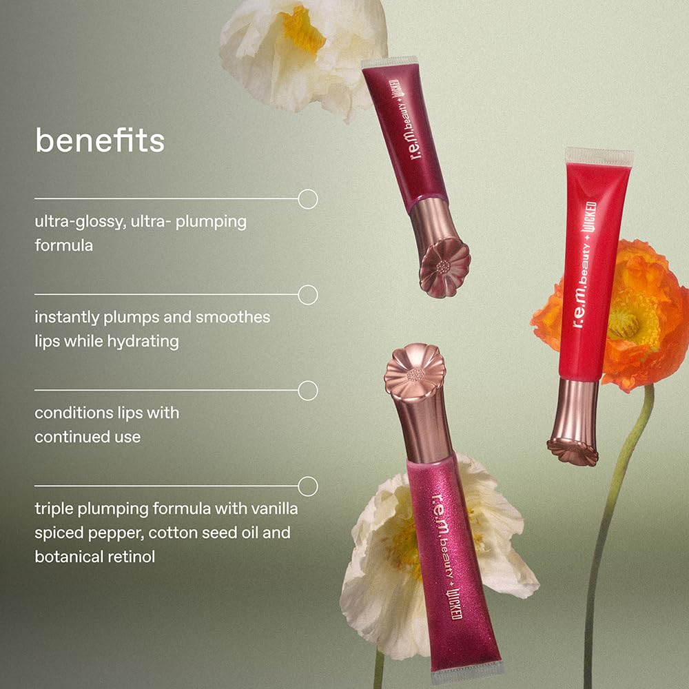 r.e.m. beauty Wicked: For Good | Plumping Lip Gloss Trio | Plum Petals, Pretty as a Poppy & Poppy Punch | Hydrating, High-Shine, Non-Sticky Lip Gloss Set for Softer, Smoother Lips