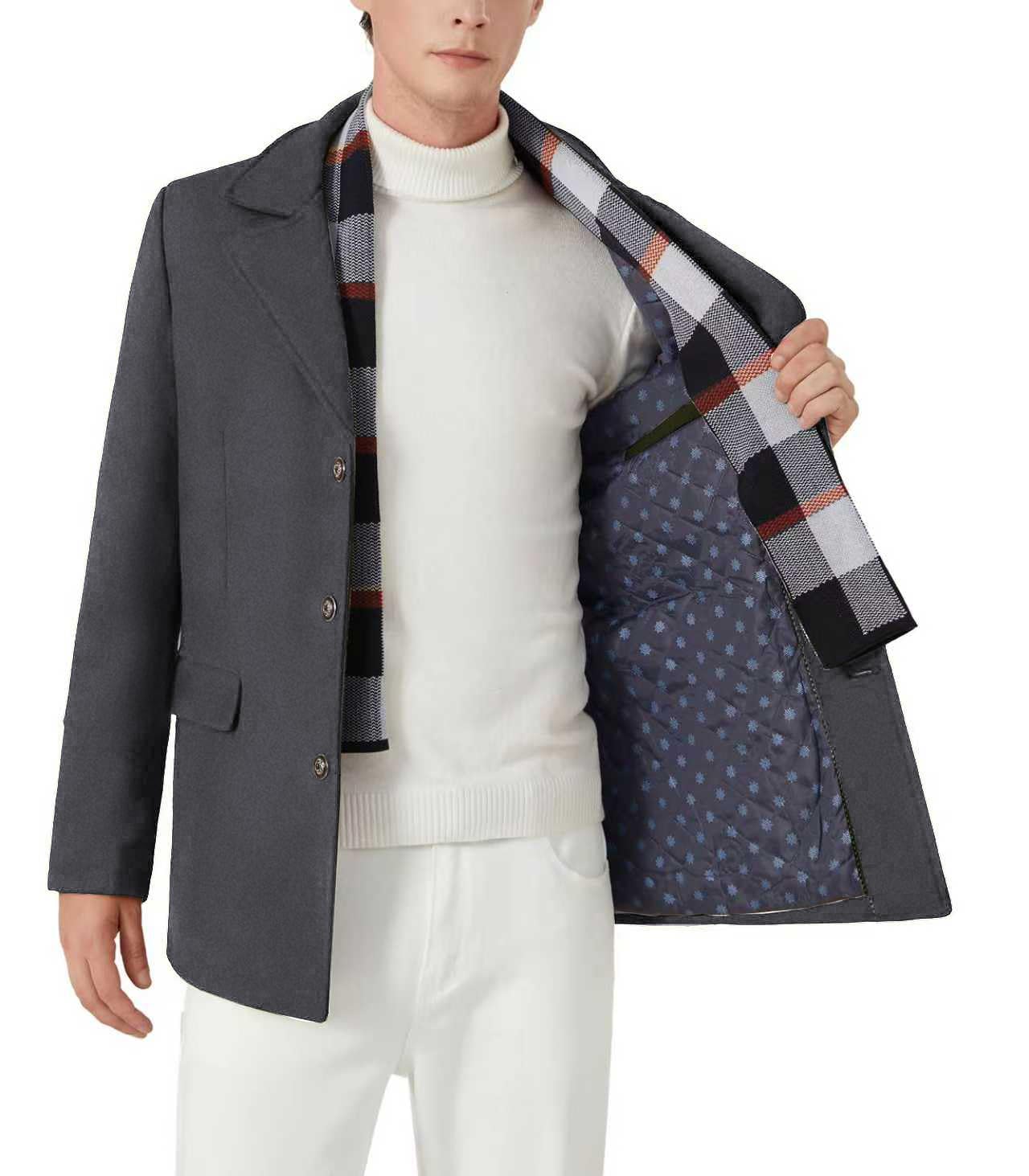 INVACHI Mens Wool Blend Coat Warm Winter Trench Coat with Detachable Soft Scarf Single Breasted Overcoat (US, Alpha, Small, Regular, Regular, Grey)