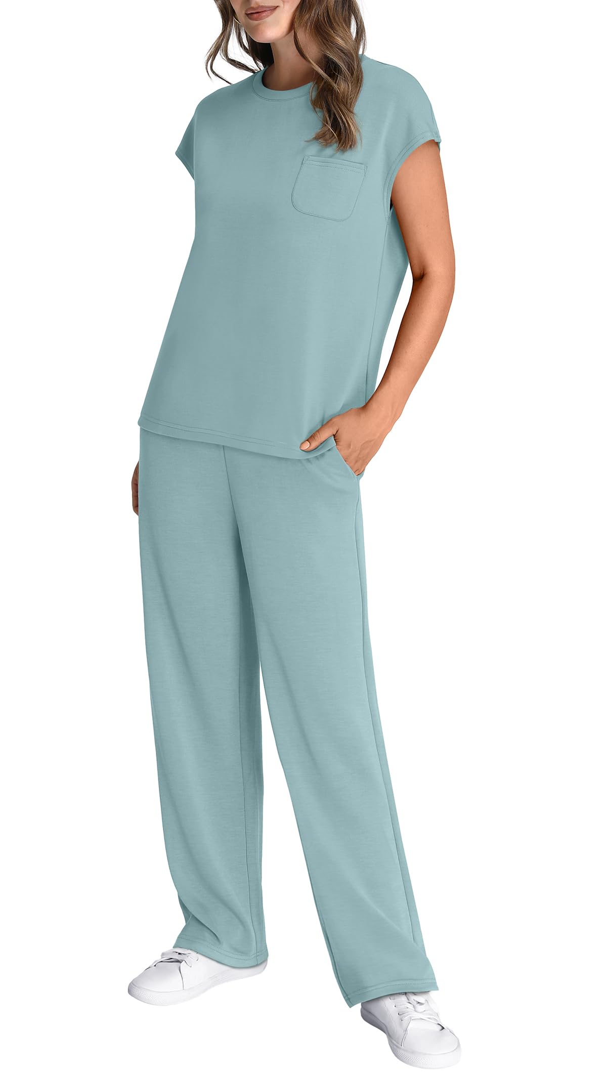 WIHOLL Summer Vacation Outfits for Women 2 Piece Sets Short Sleeve Lounge Set Womens Loungewear Travel Airport Outfits High Waist Wide Leg Pants Comfy Sets for Women Clothing Lake Blue S