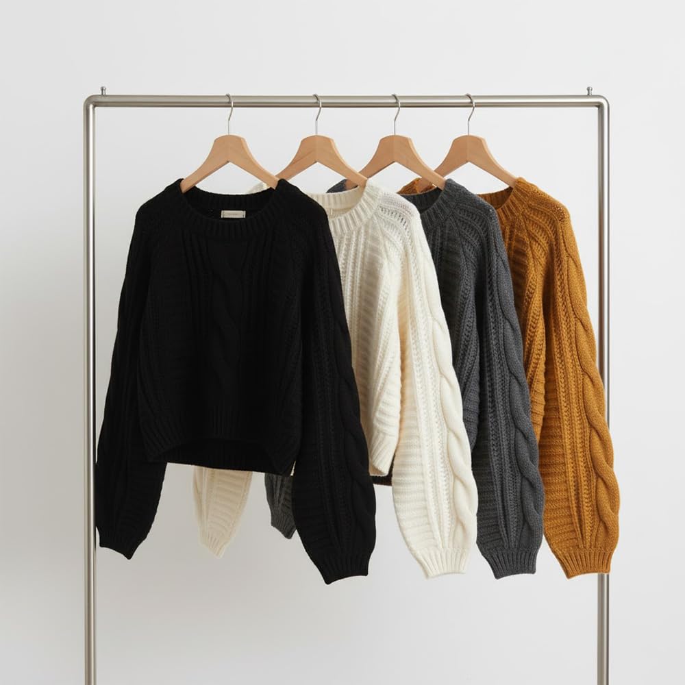 Grewear Women's Cropped Cable Knit Sweater, Soft Long Sleeve Crewneck Pullover, Casual Cozy Knit Top for Fall Winter Outfits, Gift for Women Forest Green-XS
