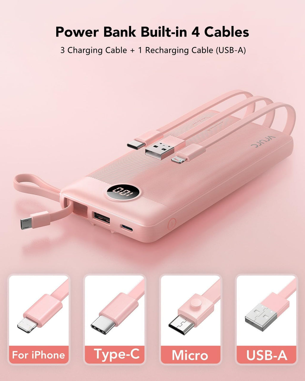 VRURC Portable Charger Power Bank, Built-in 4 Cables & 2 Ports,10000mAh Slim Battery Pack with LED Display, Travel Essential USB C Portable Phone Charger for iPhone 17 16 15, Samsung-Pink(1 Pack)