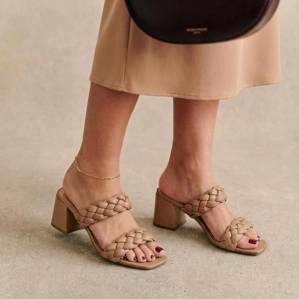 CUSHIONAIRE Onyx Chunky Heels for Women – Slip On Braided Sandals with Block Heel, Wide Widths Available, TAN 8.5