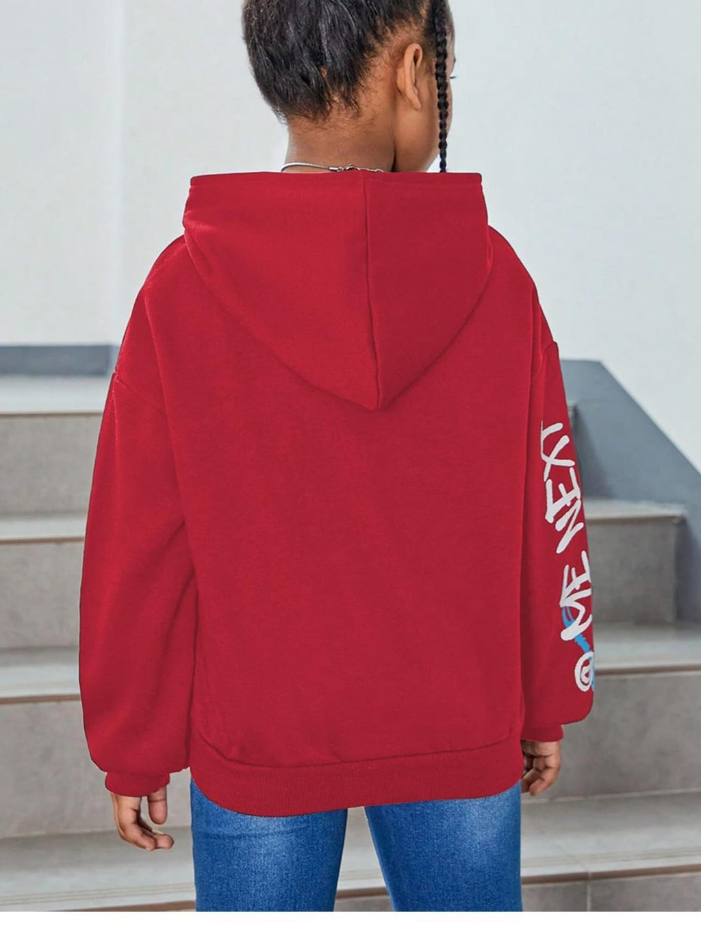 WDIRARA Girl's Cartoon Letter Graphic Hoodie Drop Shoulder Long Sleeve Pullover Sweatshirt Red 13Y